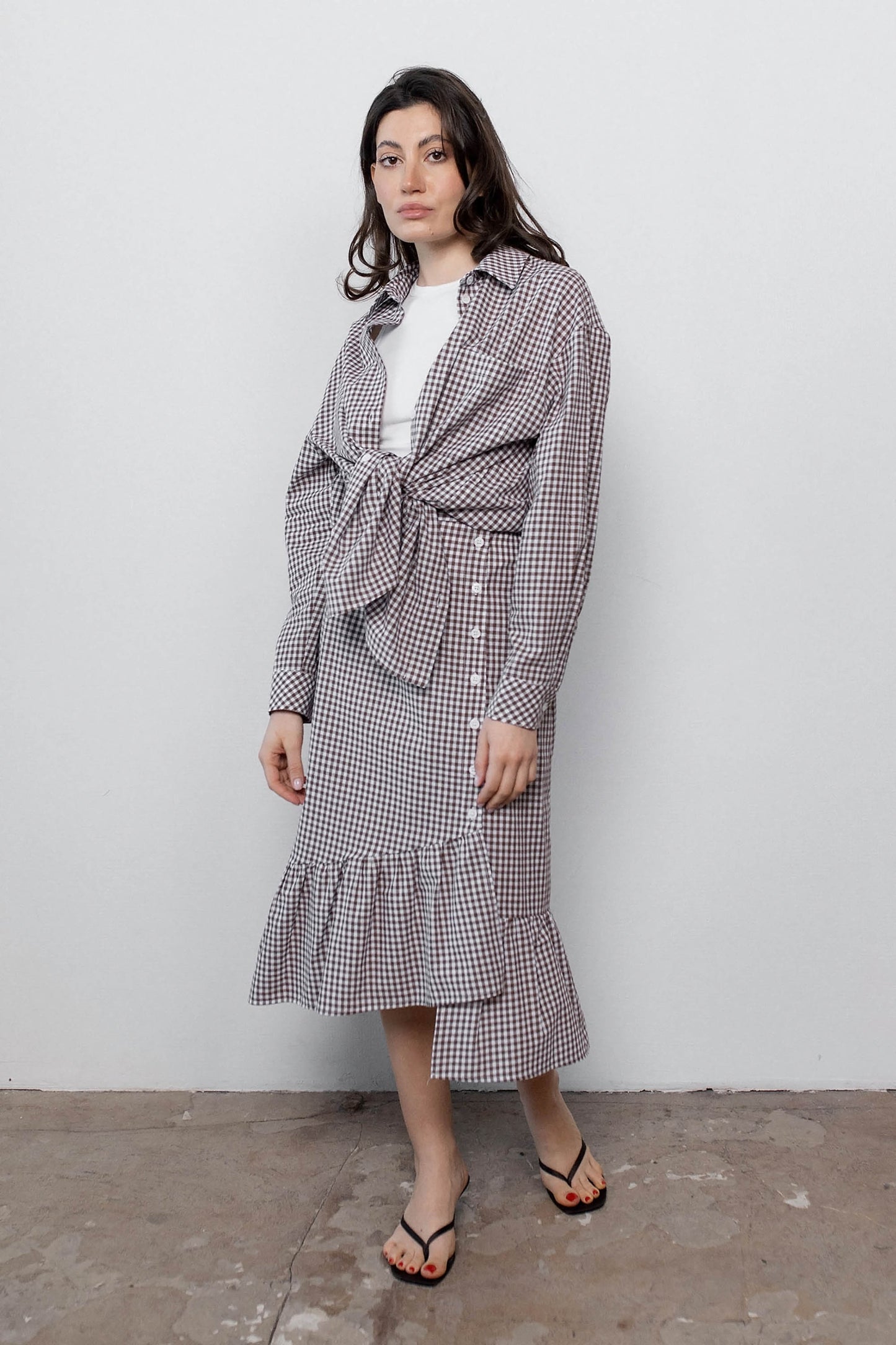 gingham-midi-skirt-chocolate-cotton-suit