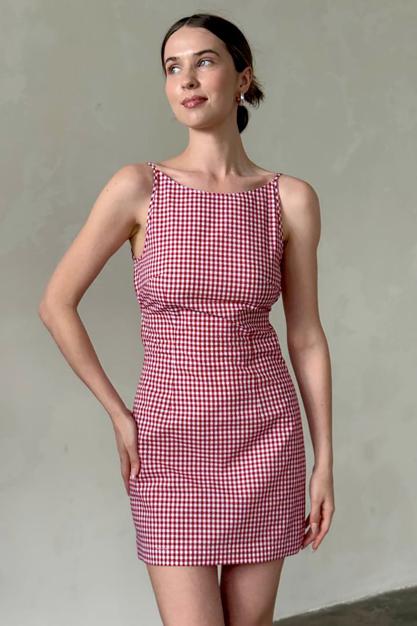 gingham-red-cotton-open-back-mini-dress-front-detail