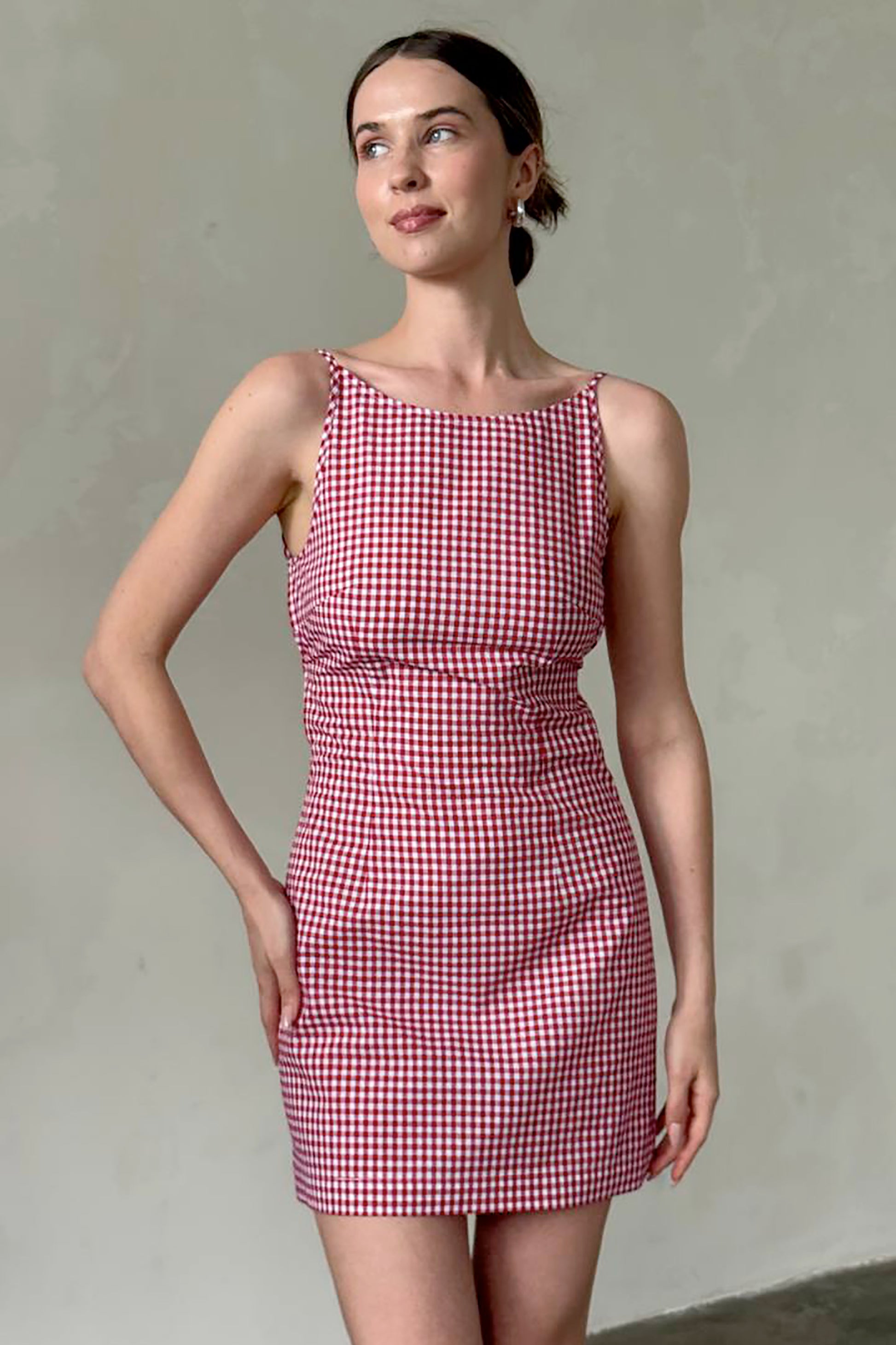 gingham-red-cotton-open-back-mini-dress-front-detail