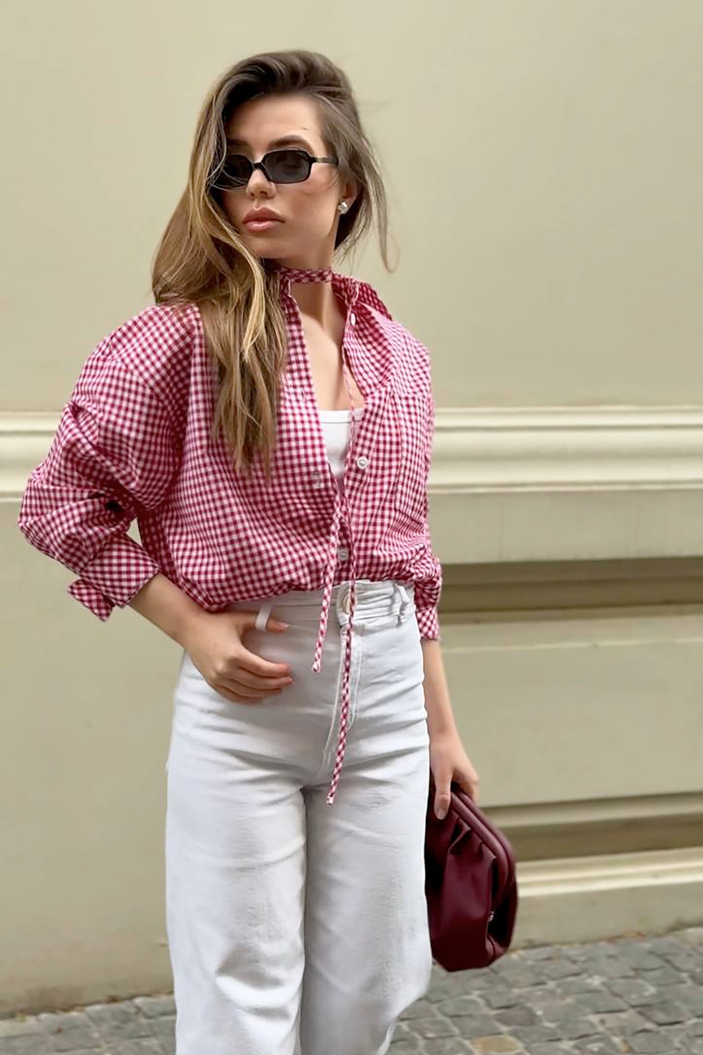 gingham-red-cotton-tie-belt-shirt-street
