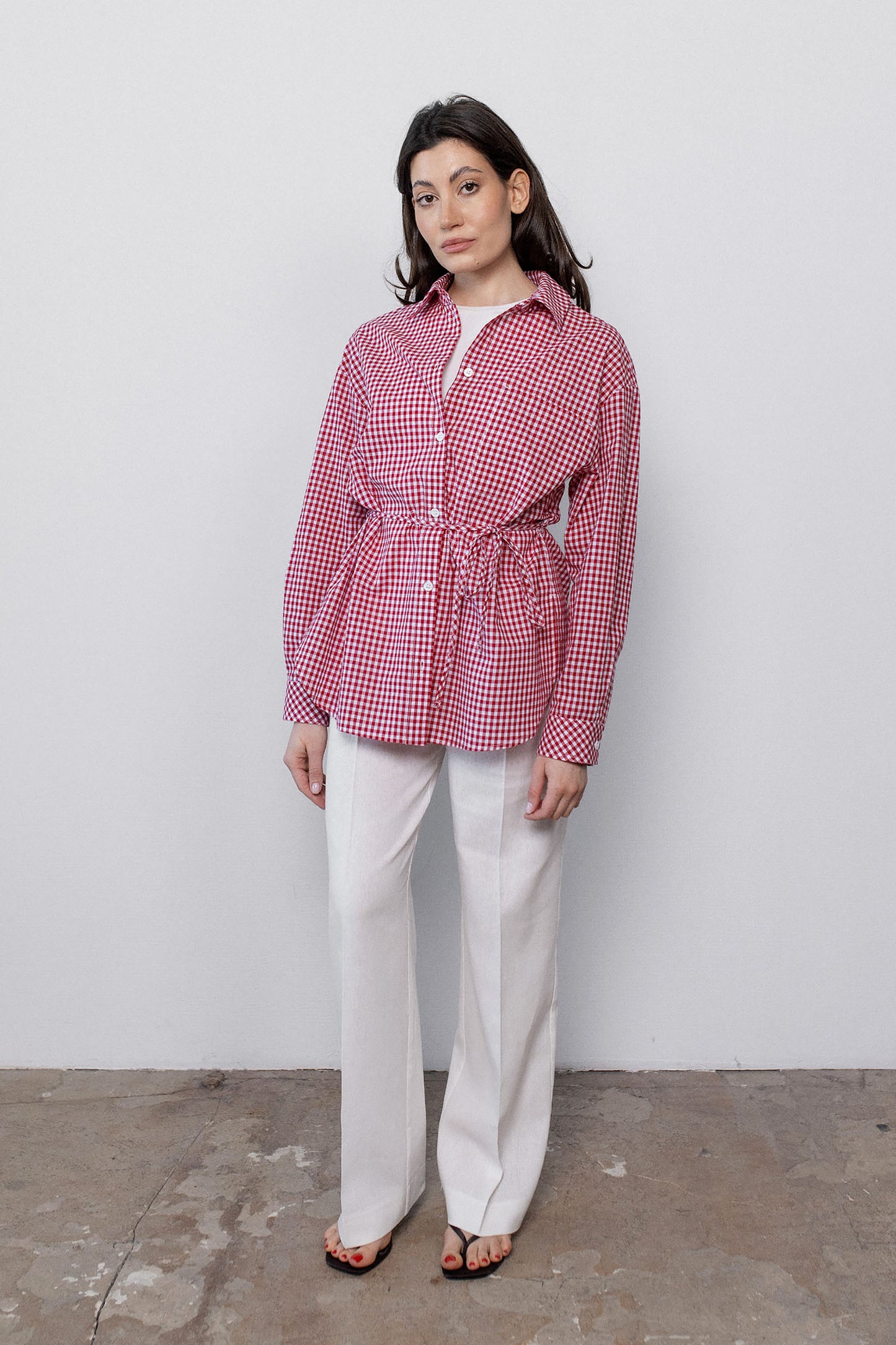 gingham-red-cotton-tie-belt-shirt-tied